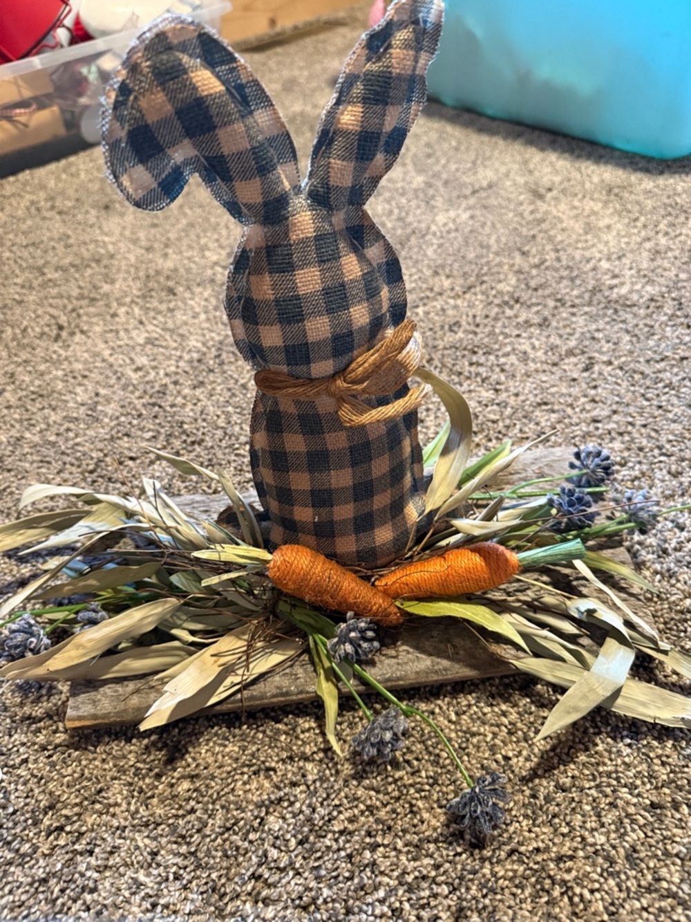 Blue Gingham Fabric Bunny with Orange Carrot Accent clearance